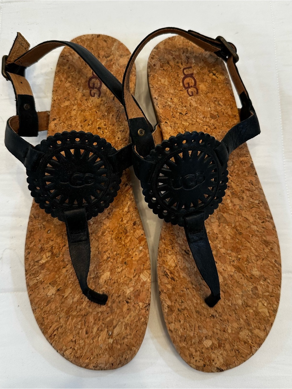 UGG Cork Wedge Sandals with Black Leather Straps